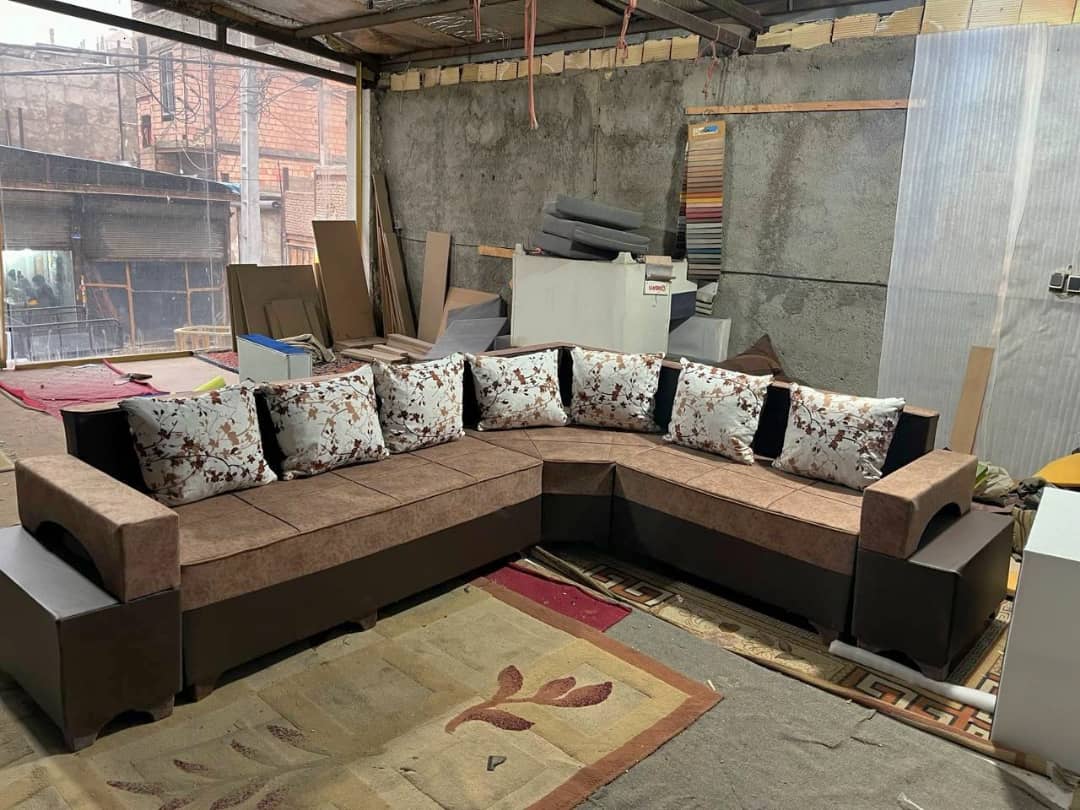 مبل ال دسته دوبل هفت نفره با جلومبلی با پارچه خارجی